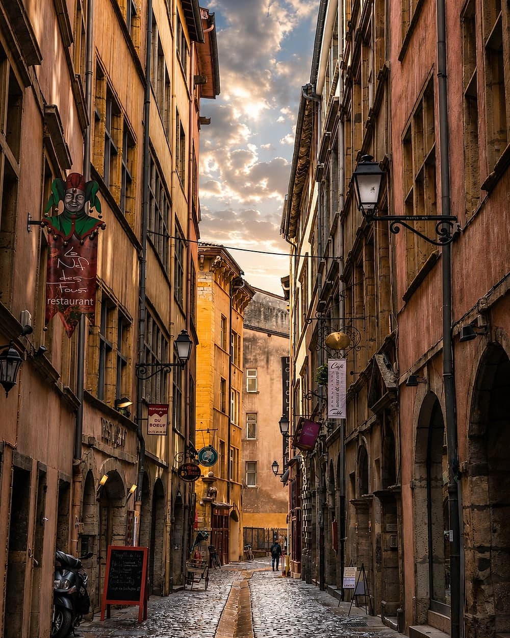 A narrow street in old Lyon: cobbles with a gutter down the middle, ochre buildings, wrought-iron lanterns and signs, a lone passer-by in the distance