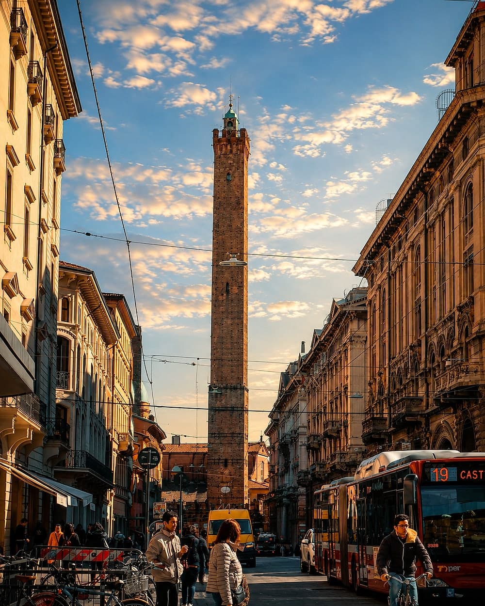 A street in Bologna in the evening: a medieval brick tower down the perspective, arcades on both sides, a red bus and a cyclist, people at outdoor tables