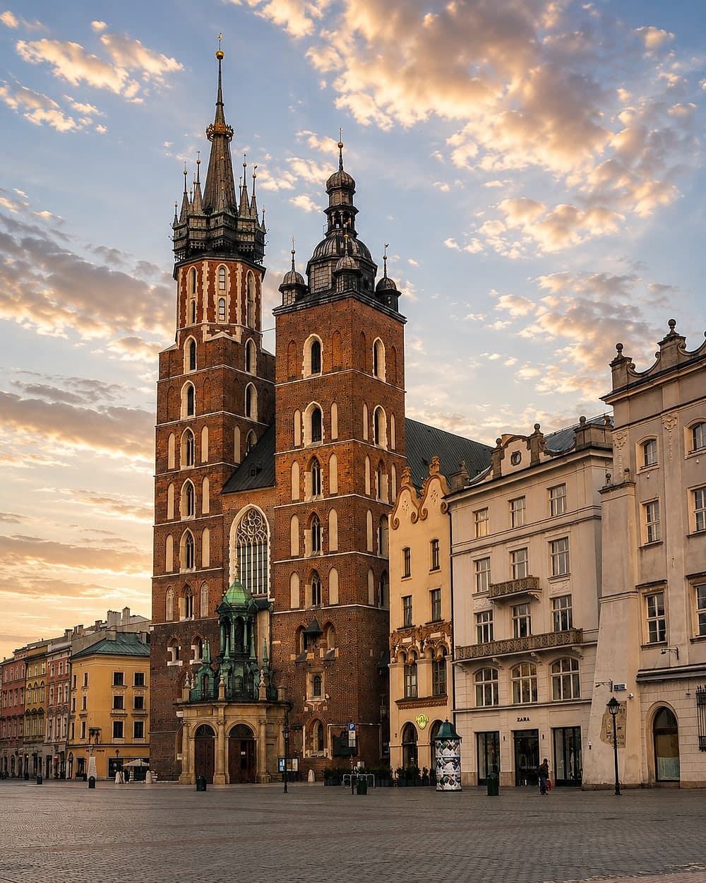 St Mary's Basilica on Kraków's Main Market Square at sunset: its two unequal towers, an almost empty square, townhouses to the right