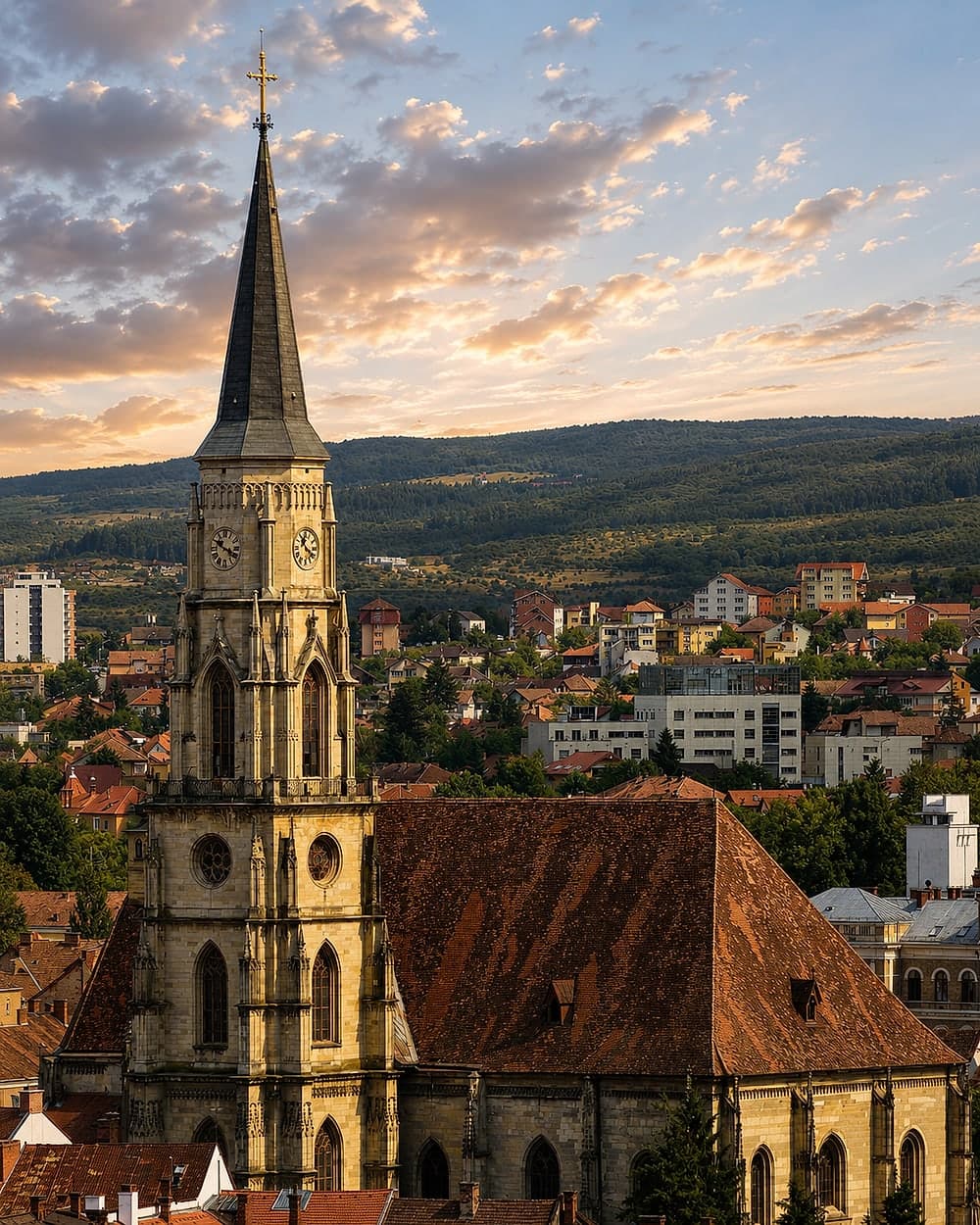 St Michael's Church in Cluj-Napoca: its tall neo-Gothic spire with a clock, the tiled roof of the nave, green hills beyond the city